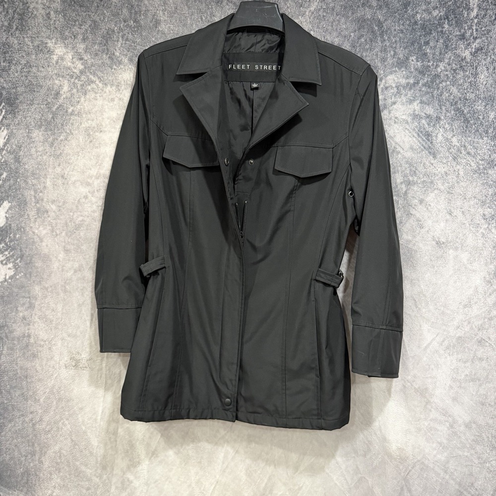 Fleet Streeet Women's L Black Utility Trench Jacket Belted Waste Zip Snap Coat